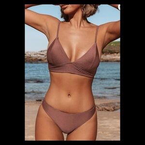 Brown textured two-piece bikini.